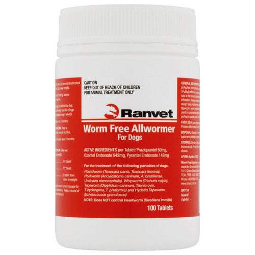 Ranvet Allwormer Dog 10kg x 100 Tablets