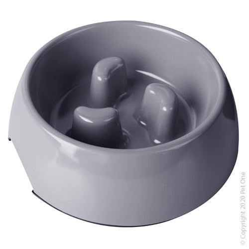 Pet One Dog Bowl Melamine Round Slow Down Feeder 1200ml Grey